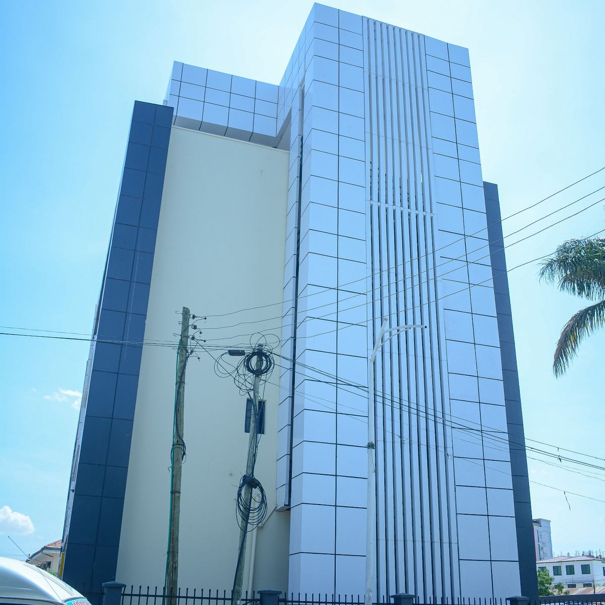 Stair tower and aluminium composite cladding on the TRA Dodoma building