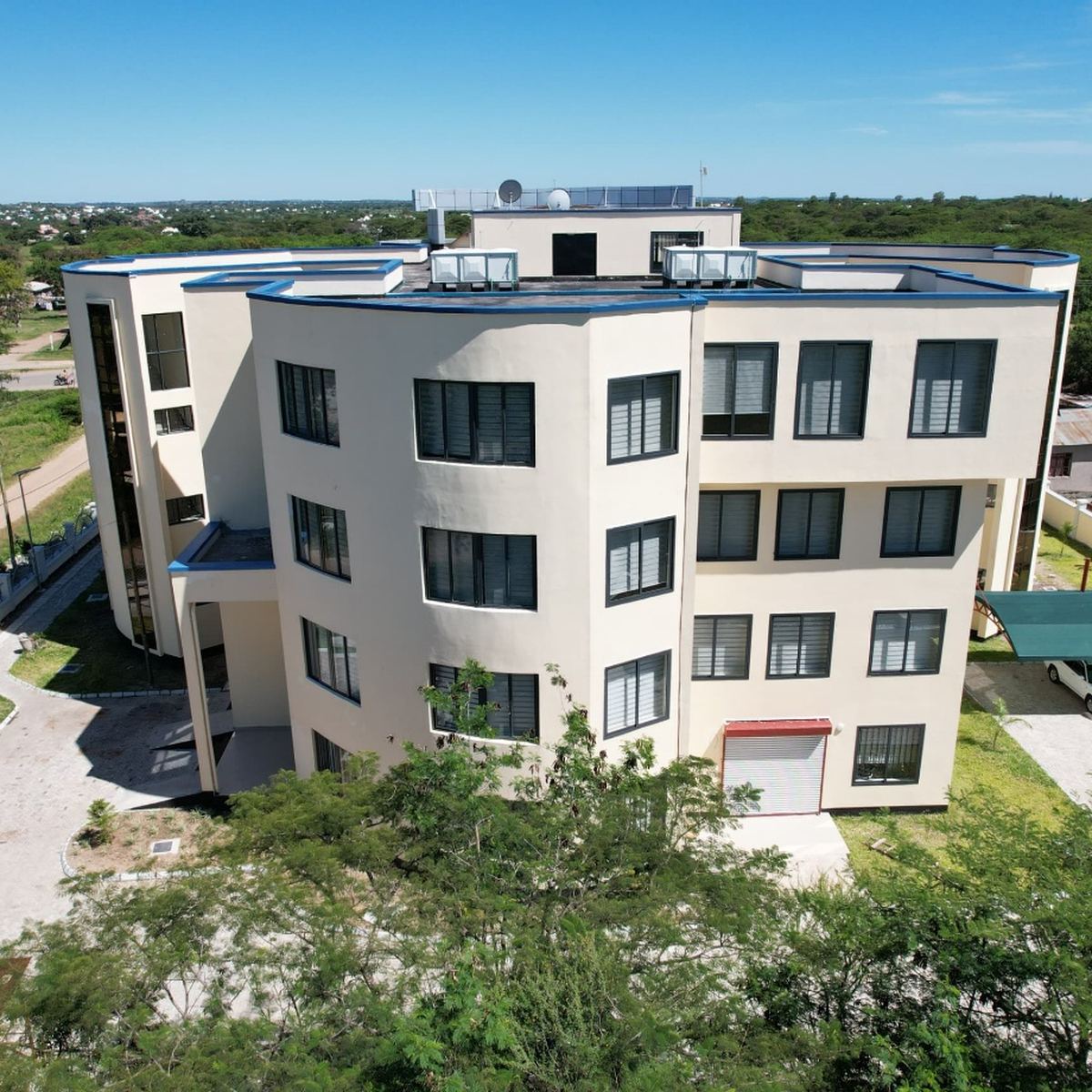 The completed accommodation block with covered parking at TRA Simiyu